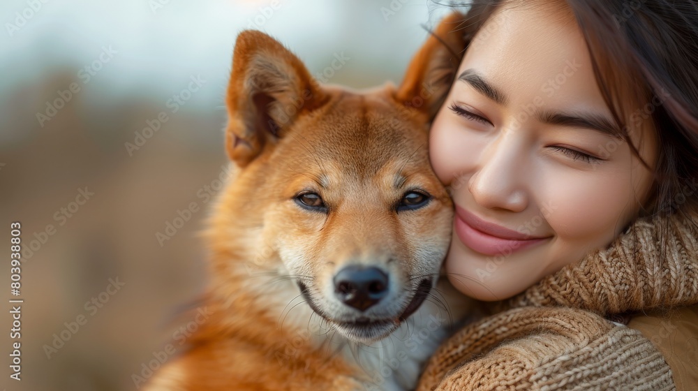 happy asian woman huggings her japanese shiba dog in a park happy asian woman huggings her japanese shiba dog in a park