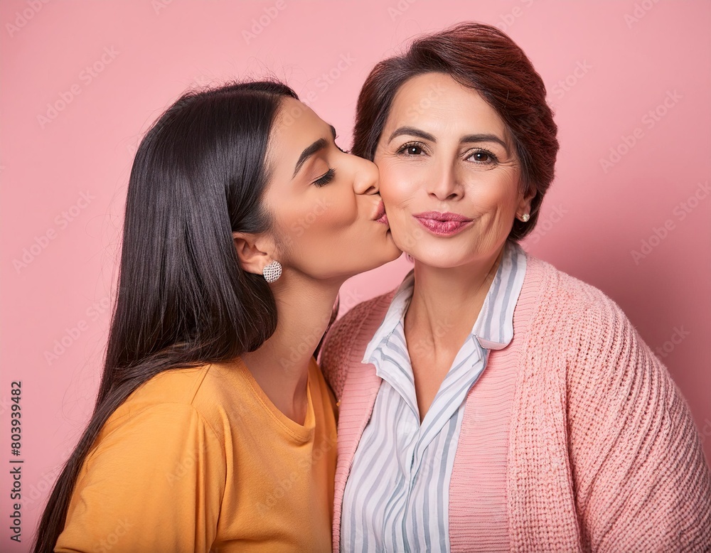 Adult daughter kisses her mother on the cheek smiling isolated on pink background Adult daughter kisses her mother on the cheek smiling isolated on pink background