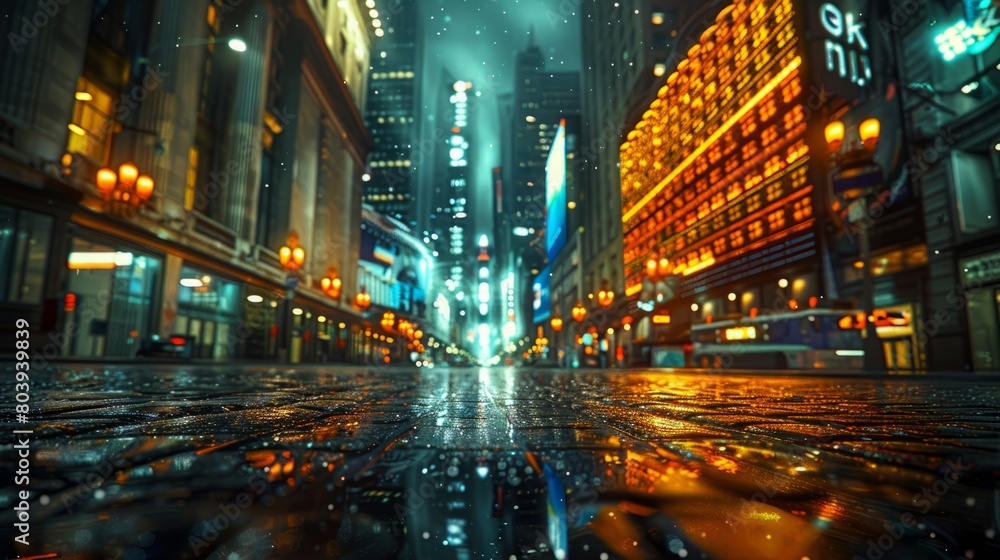 cinematic establishing shot of an empty rainy city street with skyscrapers and neon lights at night