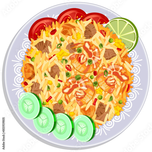 Classic Thai Khao Pad: Shrimp, Chicken & Veggie Fried Rice - Top View Vector Illustration