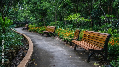Inviting wooden benches lining a winding pathway in a botanical park, offering a restful spot for weary walkers.