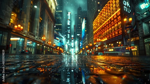 cinematic establishing shot of an empty rainy city street with skyscrapers and neon lights at night