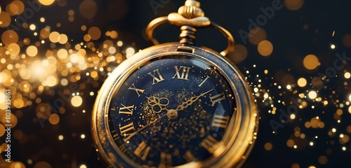 A close-up of a vintage, gold pocket watch open at midnight, surrounded by a spray of golden sparkles against a dark background.