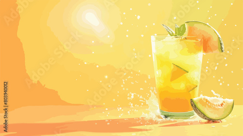 Glass of tasty melon cocktail on yellow background 