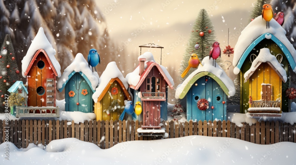 Colorful bird house outdoors winter
