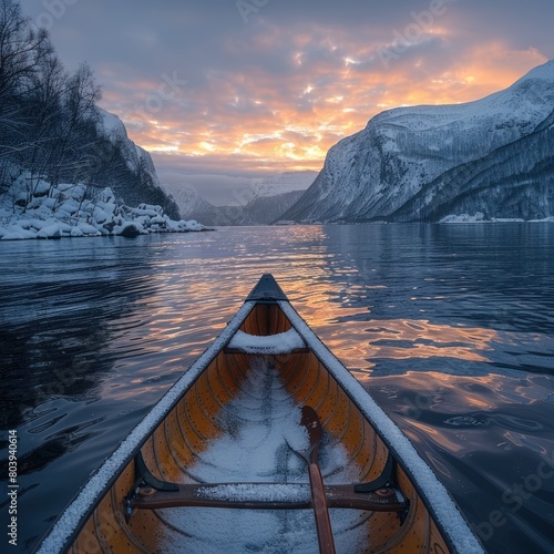 Riding a canoe along the river in winter, seeing the beautiful views of icebergs and exotic hills with the reflection of the sun's rays