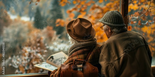 An elderly couple is sitting by a window looking out at the fall foliage. The woman is reading a book and the man is looking out the window.