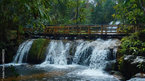 Picturesque timber footbridge crossing a serene waterfall  offering a breathtaking view of cascading water and lush greenery.
