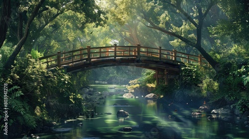 Picturesque wooden bridge spanning a tranquil stream, surrounded by lush greenery and dappled sunlight.