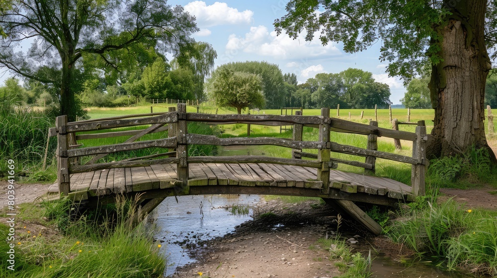 Quaint countryside bridge made of wood, traversing a small river and providing access to rural farmland.