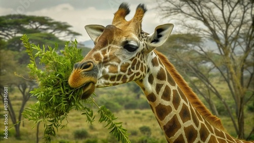 A giraffe eating leaves from the top of trees in an African savannah in a closeup shot.