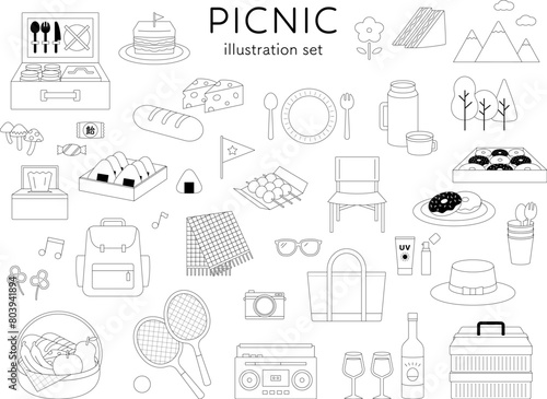 ピクニック　イラスト　セット　ライン　線画　行楽　アウトドア　レクリエーション　お弁当　ハイキング