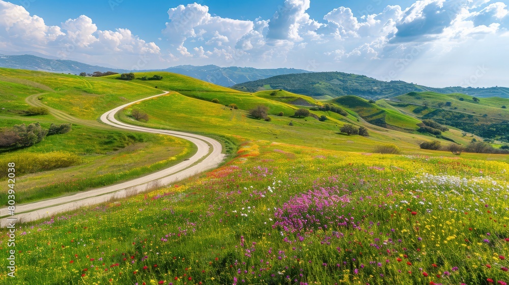 Scenic countryside road winding through lush green hills and colorful fields of wildflowers.