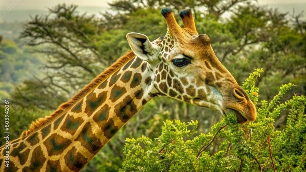 Obraz premium A giraffe eating leaves from the top of trees in an African savannah in a closeup shot.