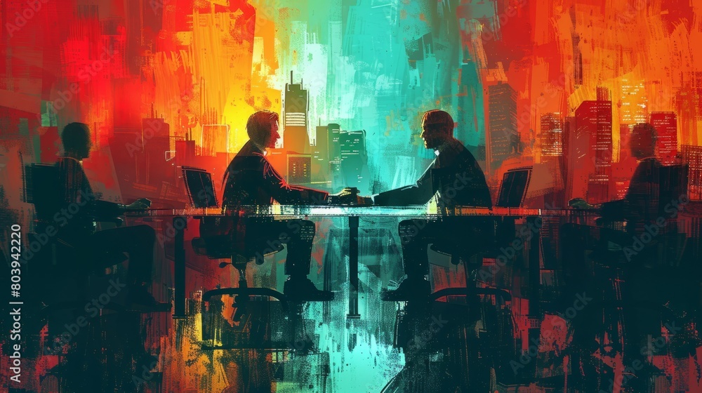 Two businessmen in suits shaking hands over a table with a cityscape in the background. Two businessmen in suits shaking hands over a table with a cityscape in the background.