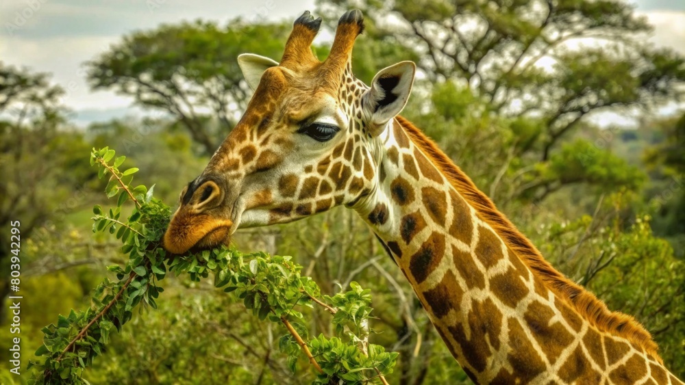 A giraffe eating leaves from the top of trees in an African savannah in a closeup shot. A giraffe eating leaves from the top of trees in an African savannah in a closeup shot.