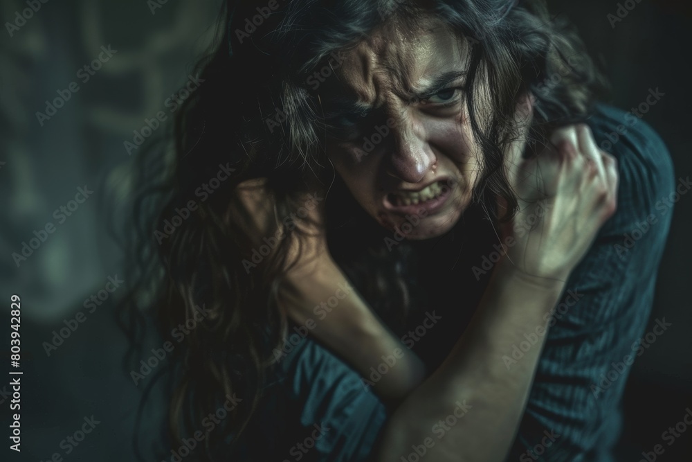 A woman in despair, isolated at home, reflecting domestic abuse. A woman in despair, isolated at home, reflecting domestic abuse.