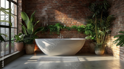 Modern Bathroom with Lush Indoor Plants and Brick Wall 