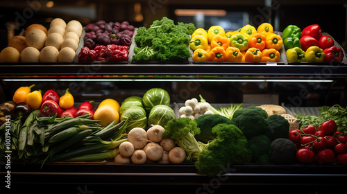 Lot of Fruits and Vegetables on Shelf at Supermarket Fresh and Healthy Food Concept AI Generated photo