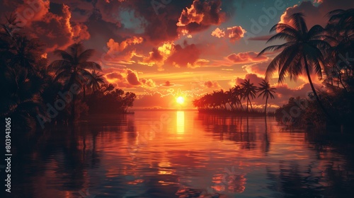 Tropical Sunset Over Calm Waters with Silhouetted Palms 