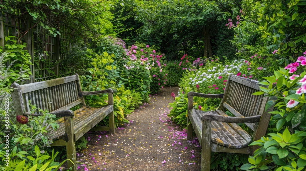 Tranquil garden setting with weathered wooden benches placed amidst blooming flowers and verdant foliage. Tranquil garden setting with weathered wooden benches placed amidst blooming flowers and verdant foliage.