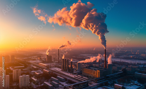 Industrial Impact: Power Plant with Smoking Chimneys