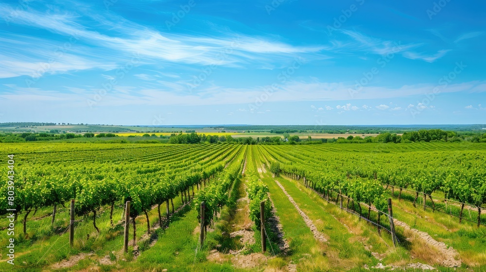 Vineyard landscape with rows of grapevines stretching into the distance under a clear blue sky.