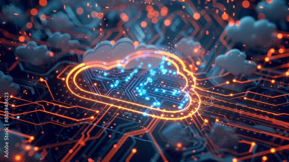 3D rendering of glowing cloud icon on circuit board background with blur effect 3D rendering of glowing cloud icon on circuit board background with blur effect