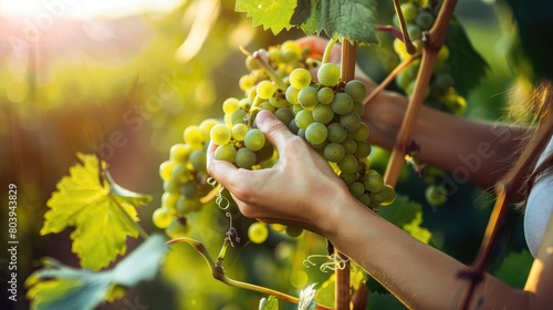 Woman's hands picking plump green grapes from the vine during a sunny day in the vineyard.