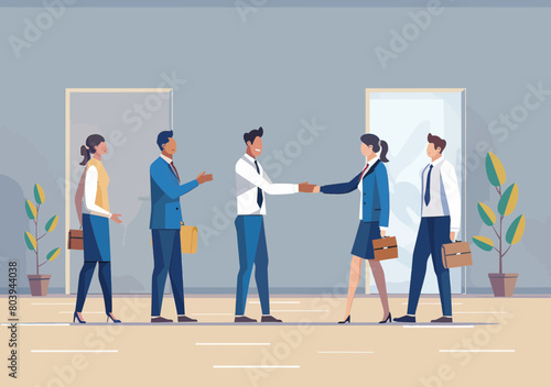 Onboarding new employee: Businessman manager welcoming new hire with handshake, introducing to team on first day office orientation and training.