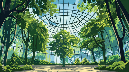 Green trees under glass dome in botanical garden 