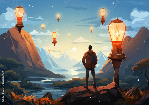 Businessman with Lightbulb Binoculars Seeking New Business Vision - Vector Illustration Creativity, Opportunity, Curiosity, Success Concept