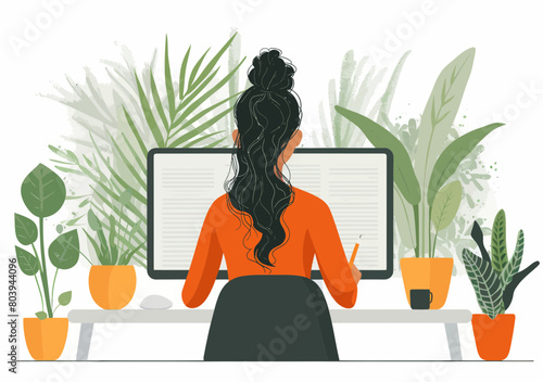 Minimalist Illustration of Creative Female Blogger, Copywriter or Content Creator Working on Website, Holding Pencil with Publishing Concept