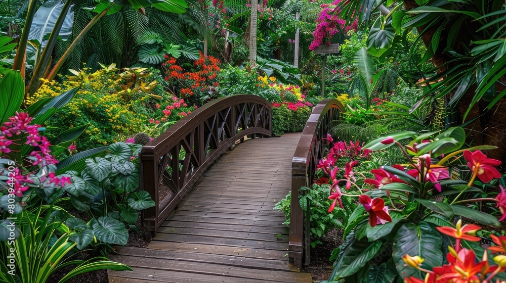Wooden bridge winding through a lush botanical garden, surrounded by colorful flowers and verdant foliage.