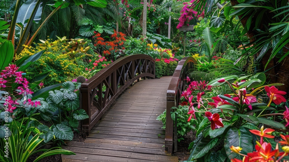 Obraz premium Wooden bridge winding through a lush botanical garden, surrounded by colorful flowers and verdant foliage.
