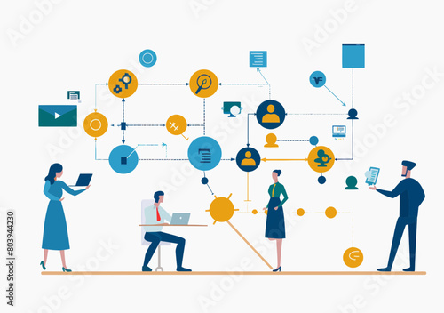 Business Process Map Design - Workflow Diagram Concept, Vector Illustration of Business People Drawing Flowchart for Strategy Implementation