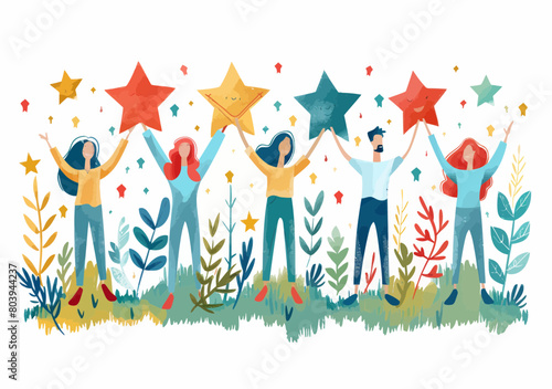 Employees Giving Positive Online Rating & Customer Feedback - Vector Illustration of People Carrying Social Media Review Elements, Ranking Stars, Satisfied Employee Concept