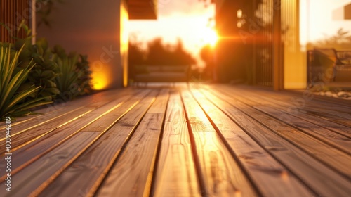 Wooden deck illuminated by golden sunset light  providing a tranquil outdoor setting for leisure and entertainment.