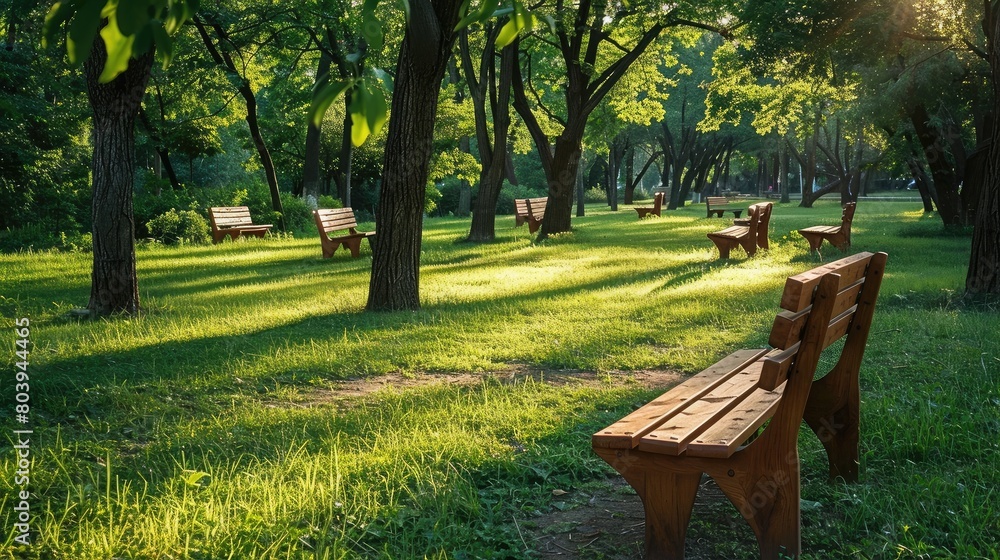 Wooden park benches arranged in a shaded grove, inviting relaxation and contemplation amid nature's beauty.