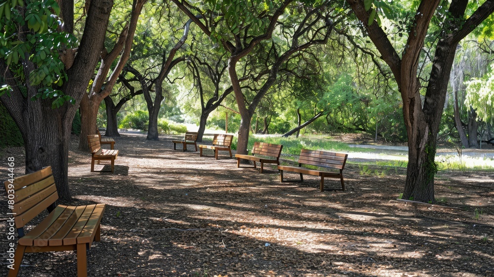 Wooden park benches arranged in a shaded grove, inviting relaxation and contemplation amid nature's beauty. Wooden park benches arranged in a shaded grove, inviting relaxation and contemplation amid nature's beauty.