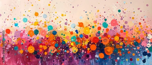 Vivid abstract painting depicting an explosion of colorful confetti-like circles on a vibrant background.