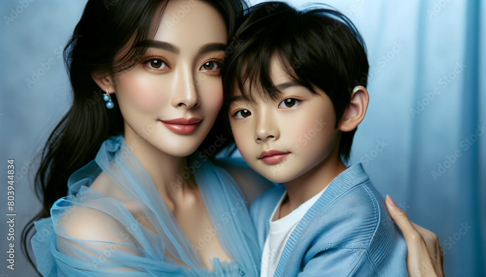 Close-up portrait of a mother and little son in an elegant gentle pose. The mother, a woman of South Asian descent with long dark hair, wears a flowing blue silk dress. A child of about four years old Close-up portrait of a mother and little son in an elegant gentle pose. The mother, a woman of South Asian descent with long dark hair, wears a flowing blue silk dress. A child of about four years old
