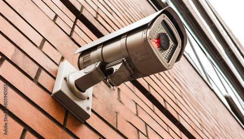 Close-up of a modern security camera installed on the exterior brick wall of a city building. The camera has a sleek metal design with small red indicators to indicate its operation.