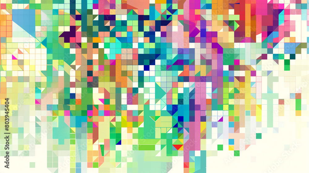 Abstract colorful digital pixel background with a captivating vibrant colored mosaic of abstract shapes, composed of an assortment of triangles, rectangles, and other polygonal forms Abstract colorful digital pixel background with a captivating vibrant colored mosaic of abstract shapes, composed of an assortment of triangles, rectangles, and other polygonal forms