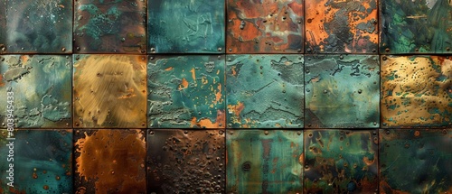 Weathered metallic textures in copper and bronze, with hints of verdigris green photo