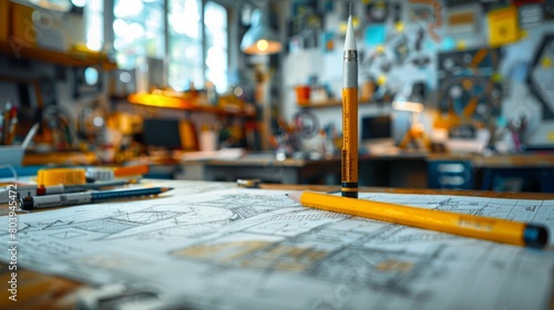 A yellow pencil is balanced on the tip of another yellow pencil on top of a table with blueprints photo