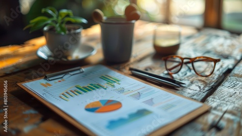 A wooden desk with a clipboard with a financial report, a cup of coffee, a potted plant, glasses, and a pen.