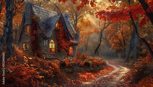 Craft a dramatic autumn setting with a winding path covered in fallen leaves leading to a secluded cottage engulfed in fiery hues of red