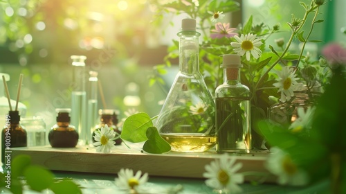 Natural organic extraction and green herbal leaves, Flower aroma essence solution in laboratory