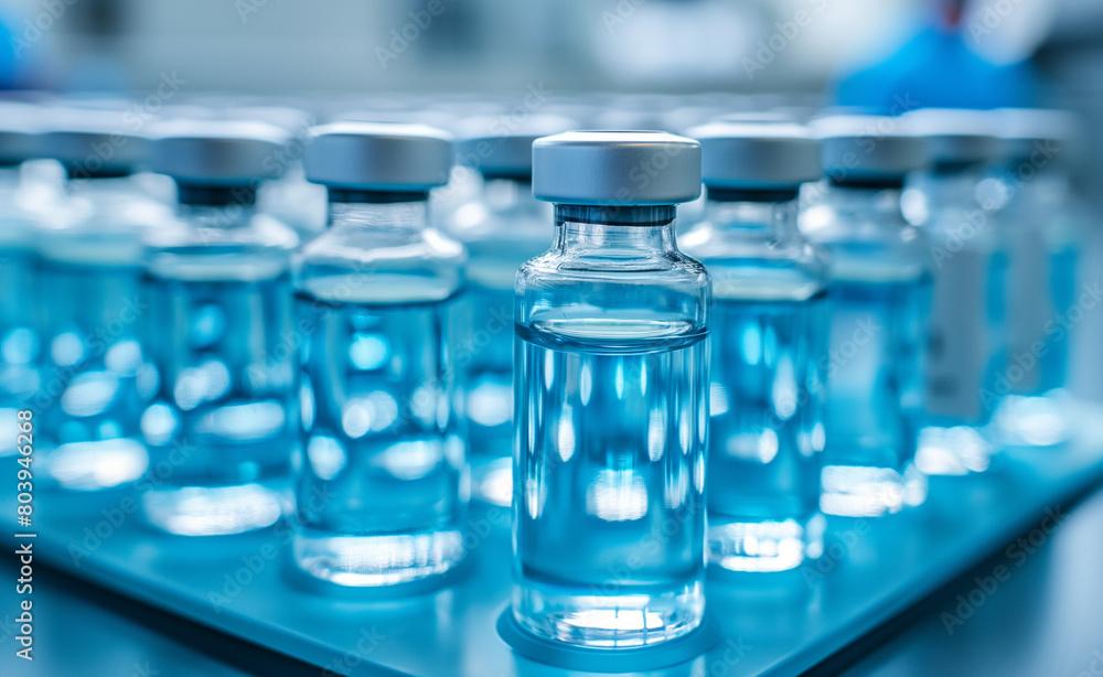 Multiple vials of a blue liquid arranged in a sterile lab environment, indicating scientific research and medicine. Multiple vials of a blue liquid arranged in a sterile lab environment, indicating scientific research and medicine.